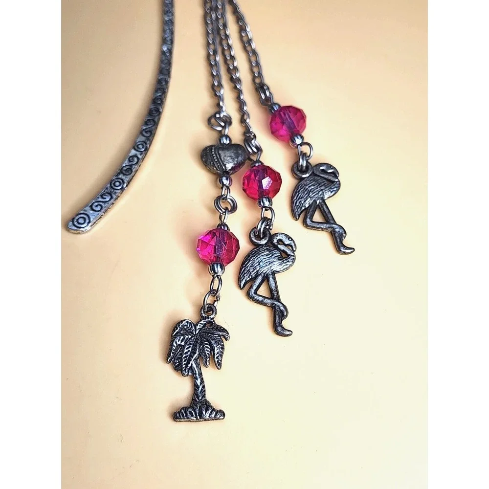 Flamingo & Palm Tree Hot Pink Crystal Charm Bookmark Silver Plated FREE $HIP!!!